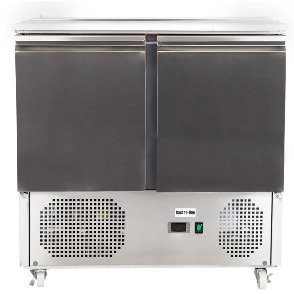 Gastroline S900 Saladette 2 Door Refrigerated Sandwich Prep Counter. Lift Up Lid