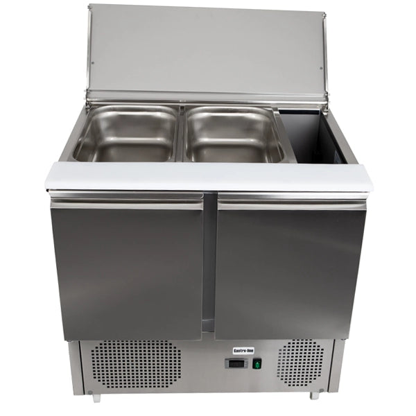 Gastroline S900 Saladette 2 Door Refrigerated Sandwich Prep Counter. Lift Up Lid