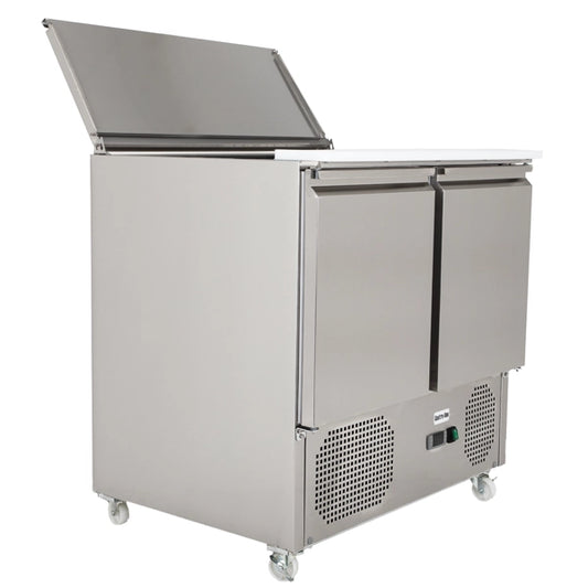 Gastroline S900 Saladette 2 Door Refrigerated Sandwich Prep Counter. Lift Up Lid