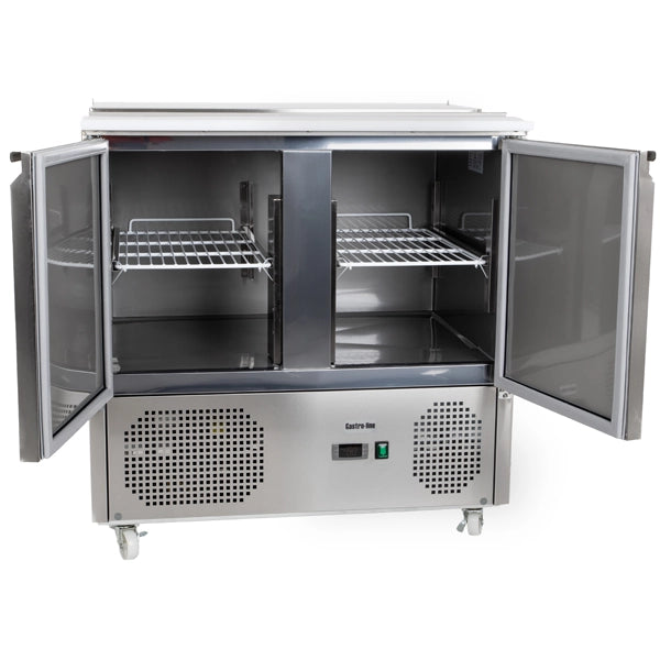 Gastroline S900 Saladette 2 Door Refrigerated Sandwich Prep Counter. Lift Up Lid