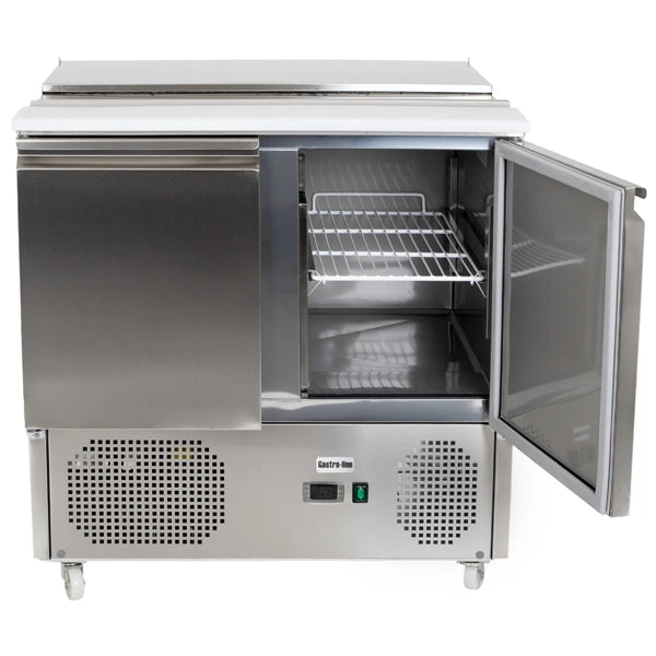 Gastroline S900 Saladette 2 Door Refrigerated Sandwich Prep Counter. Lift Up Lid