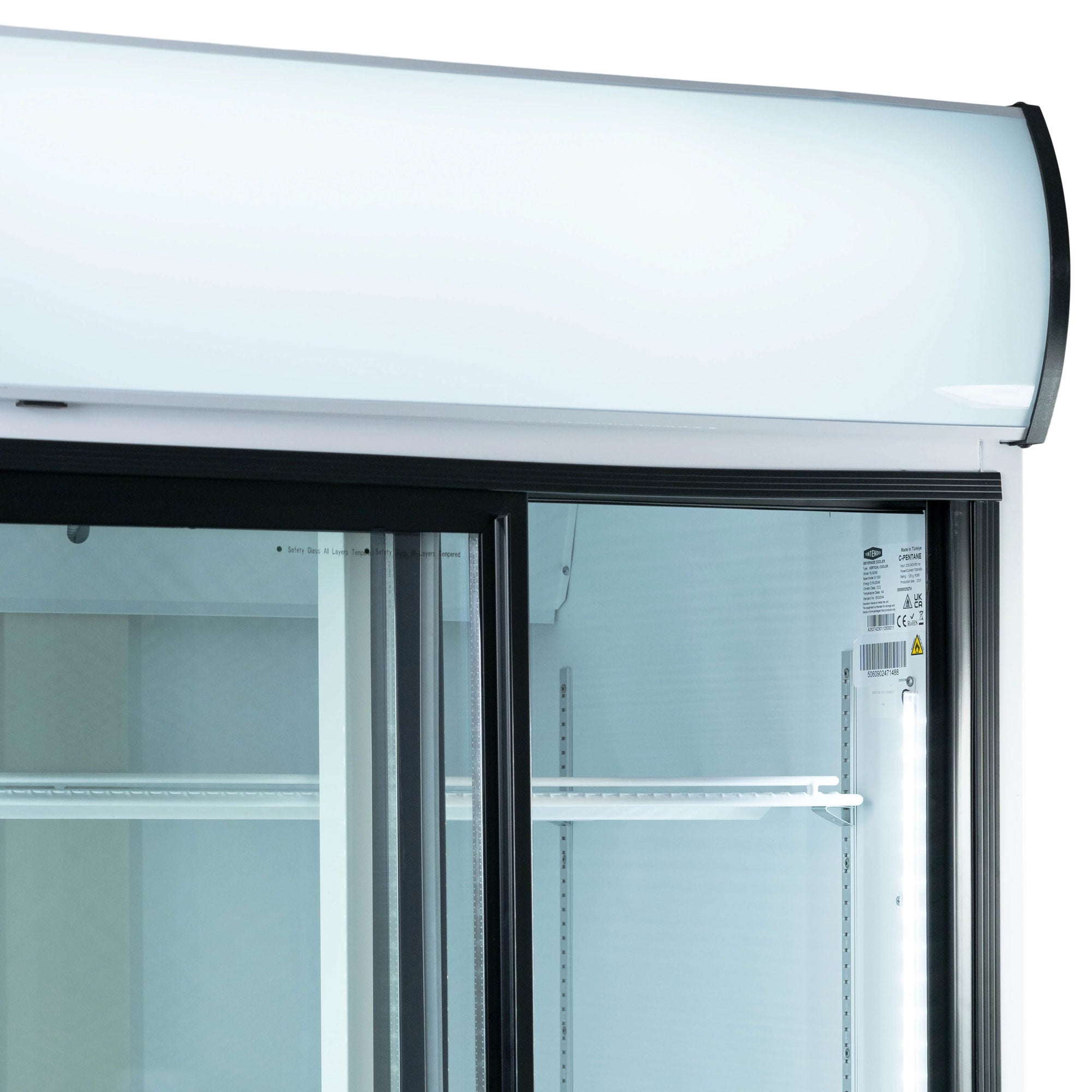 Contender 948L Commercial Double Glass Door Fridge - Sliding Doors