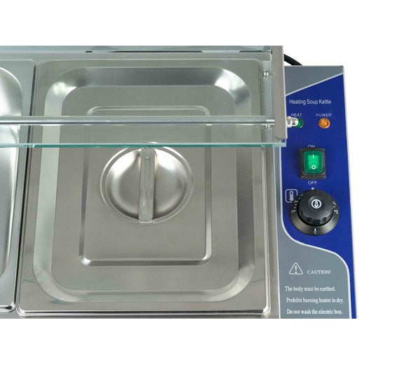 Quattro Bain Marie Heated Display Unit. 5 x 1-2 GN Pans & Lids With Glass Surround