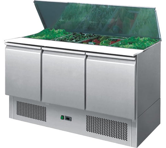 Gastroline S903 Saladette 3 Door Refrigerated Prep Counter With Lift Up Lid